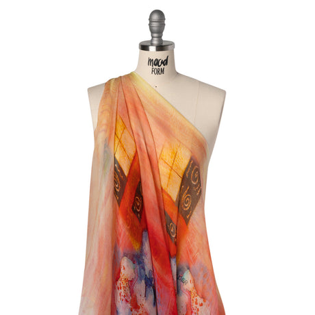 Crinkled Silk Chiffon Panel - Yellow, Peach and Red Floral Medallion Sunrise - Deadstock