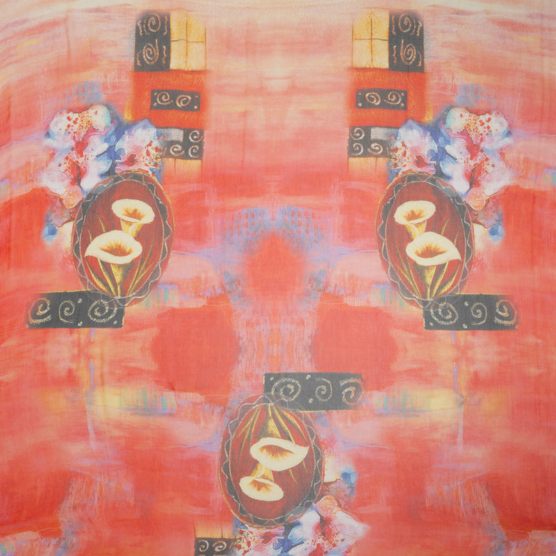Crinkled Silk Chiffon Panel - Yellow, Peach and Red Floral Medallion Sunrise - Deadstock