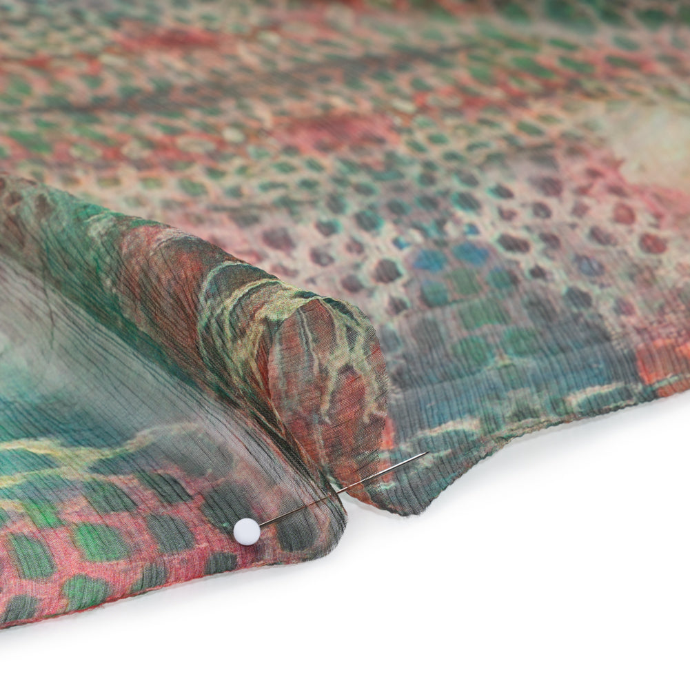 Crinkled Silk Chiffon Print - Red and Green Snakeskin - Deadstock