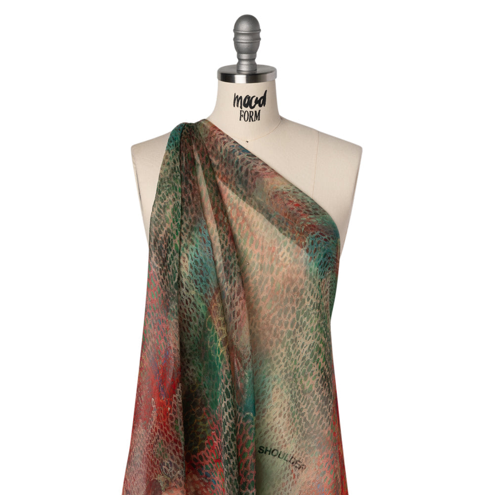 Crinkled Silk Chiffon Print - Red and Green Snakeskin - Deadstock