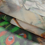 Crinkled Silk Chiffon Panel - Green, Pale Yellow and Gray Big Green Peacocks - Deadstock