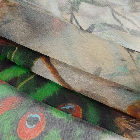 Crinkled Silk Chiffon Panel - Green, Pale Yellow and Gray Big Green Peacocks - Deadstock