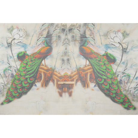Crinkled Silk Chiffon Panel - Green, Pale Yellow and Gray Big Green Peacocks - Deadstock