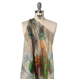Crinkled Silk Chiffon Panel - Green, Pale Yellow and Gray Big Green Peacocks - Deadstock