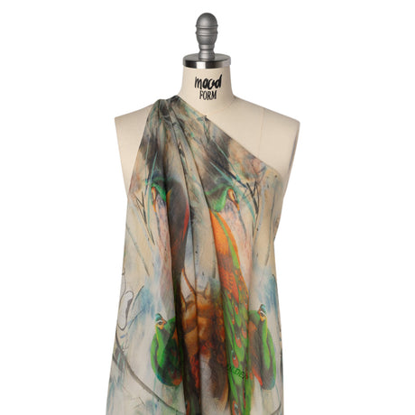 Crinkled Silk Chiffon Panel - Green, Pale Yellow and Gray Big Green Peacocks - Deadstock