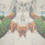 Crinkled Silk Chiffon Panel - Green, Pale Yellow and Gray Big Green Peacocks - Deadstock