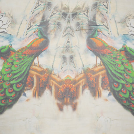 Crinkled Silk Chiffon Panel - Green, Pale Yellow and Gray Big Green Peacocks - Deadstock