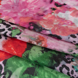 China Silk/Habotai Print - Pink, Green and Black Flowers and Leopard Spots - Deadstock
