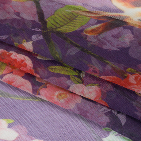 Crinkled Silk Chiffon Print - Purple, Pink and Beige Florals with Owls, Squirrels and Rabbits - Deadstock