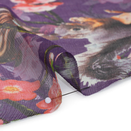 Crinkled Silk Chiffon Print - Purple, Pink and Beige Florals with Owls, Squirrels and Rabbits - Deadstock