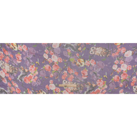 Crinkled Silk Chiffon Print - Purple, Pink and Beige Florals with Owls, Squirrels and Rabbits - Deadstock