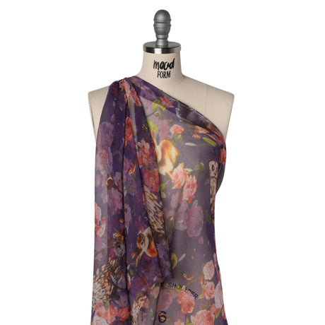 Crinkled Silk Chiffon Print - Purple, Pink and Beige Florals with Owls, Squirrels and Rabbits - Deadstock