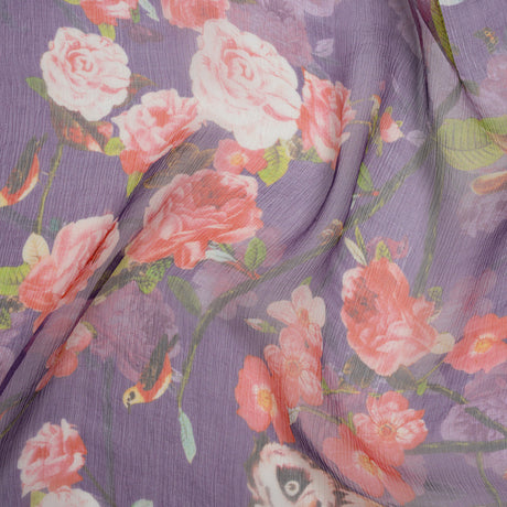 Crinkled Silk Chiffon Print - Purple, Pink and Beige Florals with Owls, Squirrels and Rabbits - Deadstock