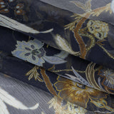 Crinkled Silk Chiffon Print - Navy, Brown and Yellow Classical Floral with Birds - Deadstock