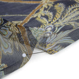 Crinkled Silk Chiffon Print - Navy, Brown and Yellow Classical Floral with Birds - Deadstock