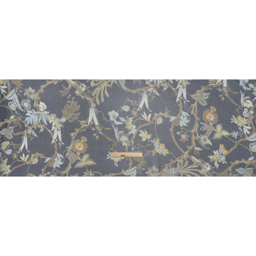 Crinkled Silk Chiffon Print - Navy, Brown and Yellow Classical Floral with Birds - Deadstock