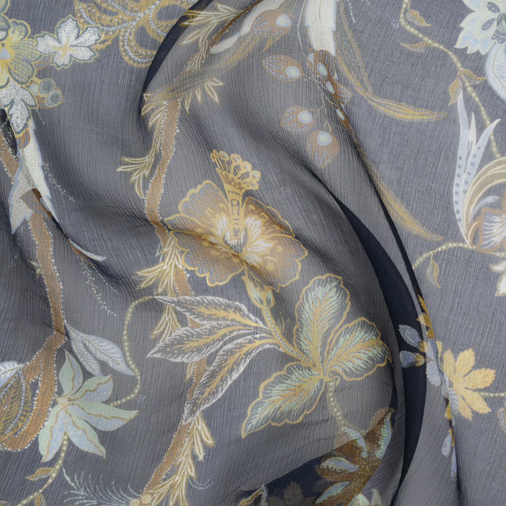 Crinkled Silk Chiffon Print - Navy, Brown and Yellow Classical Floral with Birds - Deadstock