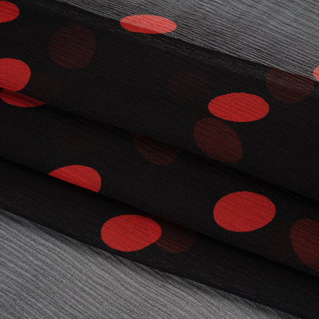 Crinkled Silk Chiffon Print - Black and Red Polka Dots - Deadstock