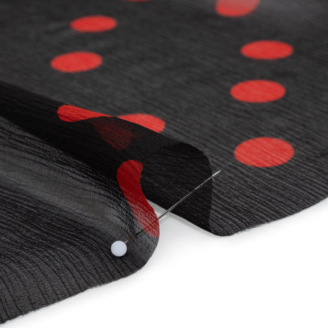 Crinkled Silk Chiffon Print - Black and Red Polka Dots - Deadstock
