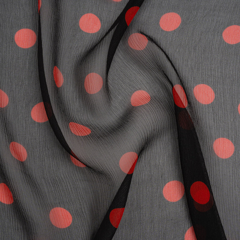 Crinkled Silk Chiffon Print - Black and Red Polka Dots - Deadstock