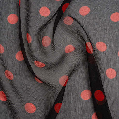 Crinkled Silk Chiffon Print - Black and Red Polka Dots - Deadstock
