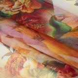 Crinkled Silk Chiffon Print - Green, Gold, and Red Flowers and Animals - Deadstock
