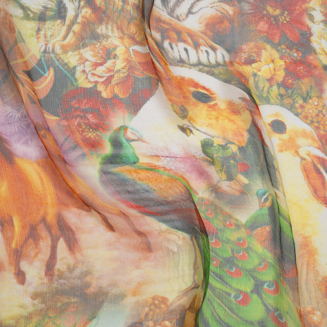 Crinkled Silk Chiffon Print - Green, Gold, and Red Flowers and Animals - Deadstock