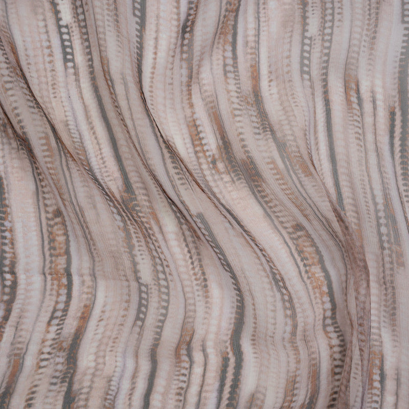 Crinkled Silk Chiffon Print - Lilac Gray, Brown and Black Feathery Stripes - Deadstock