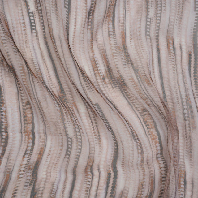 Crinkled Silk Chiffon Print - Lilac Gray, Brown and Black Feathery Stripes - Deadstock