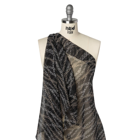 Crinkled Silk Chiffon Print - Black and Silver Chains - Deadstock