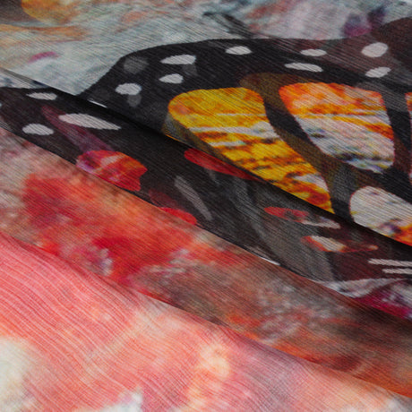 Crinkled Silk Chiffon Print - Red, Black and Yellow Large Butterfly - Deadstock