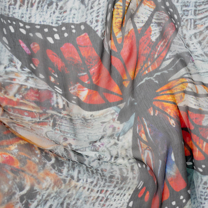 Crinkled Silk Chiffon Print - Red, Black and Yellow Large Butterfly - Deadstock
