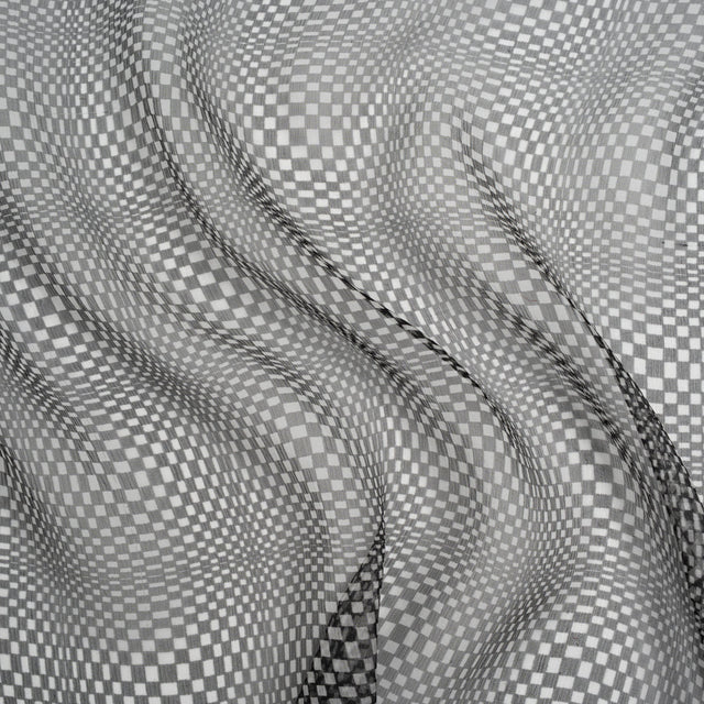 Silk Chiffon Print - Black and White Op Art Checkerboard - Deadstock