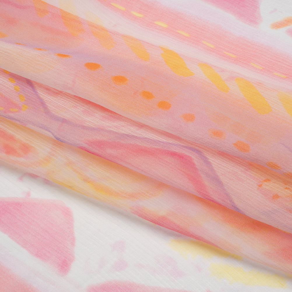 Crinkled Silk Chiffon Print - Pink, Pale Purple and Yellow Painterly Geometric Stripes - Deadstock