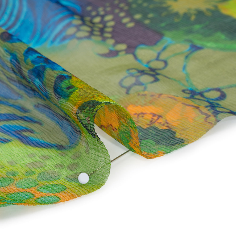 Crinkled Silk Chiffon Print - Green, Yellow and Blue Abstract Florals - Deadstock