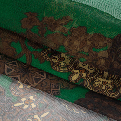 Crinkled Silk Chiffon Print - Green, Brown and Beige Medallions - Deadstock
