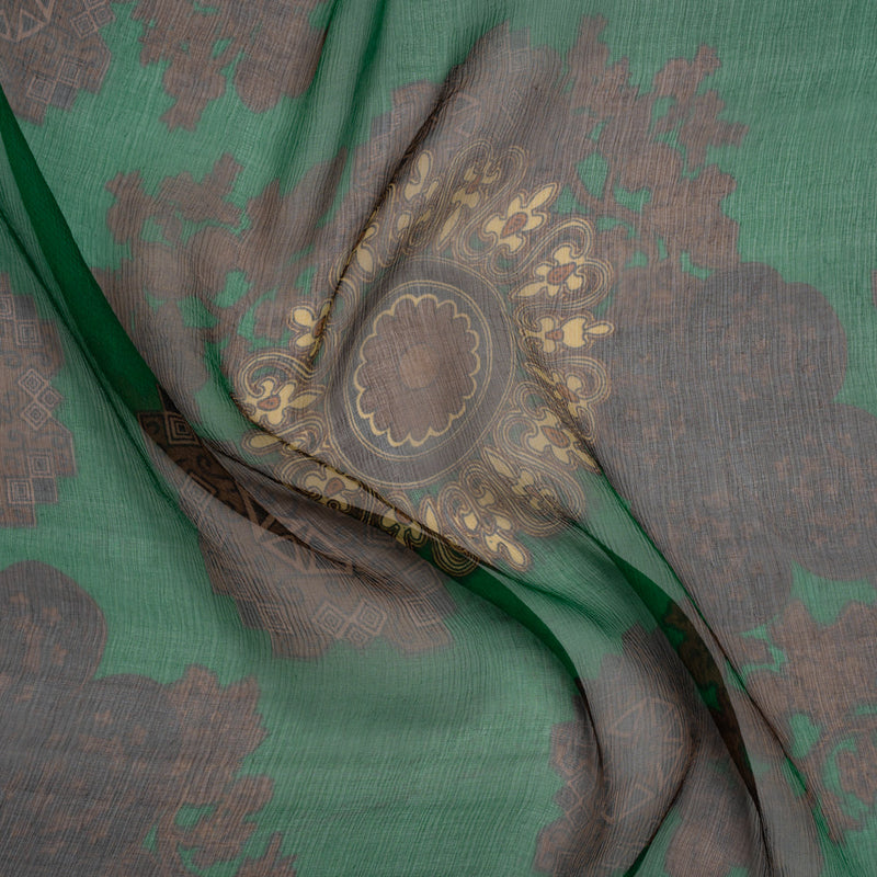 Crinkled Silk Chiffon Print - Green, Brown and Beige Medallions - Deadstock
