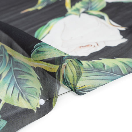 Silk Voile Print - Black, White and Green Roses - Deadstock