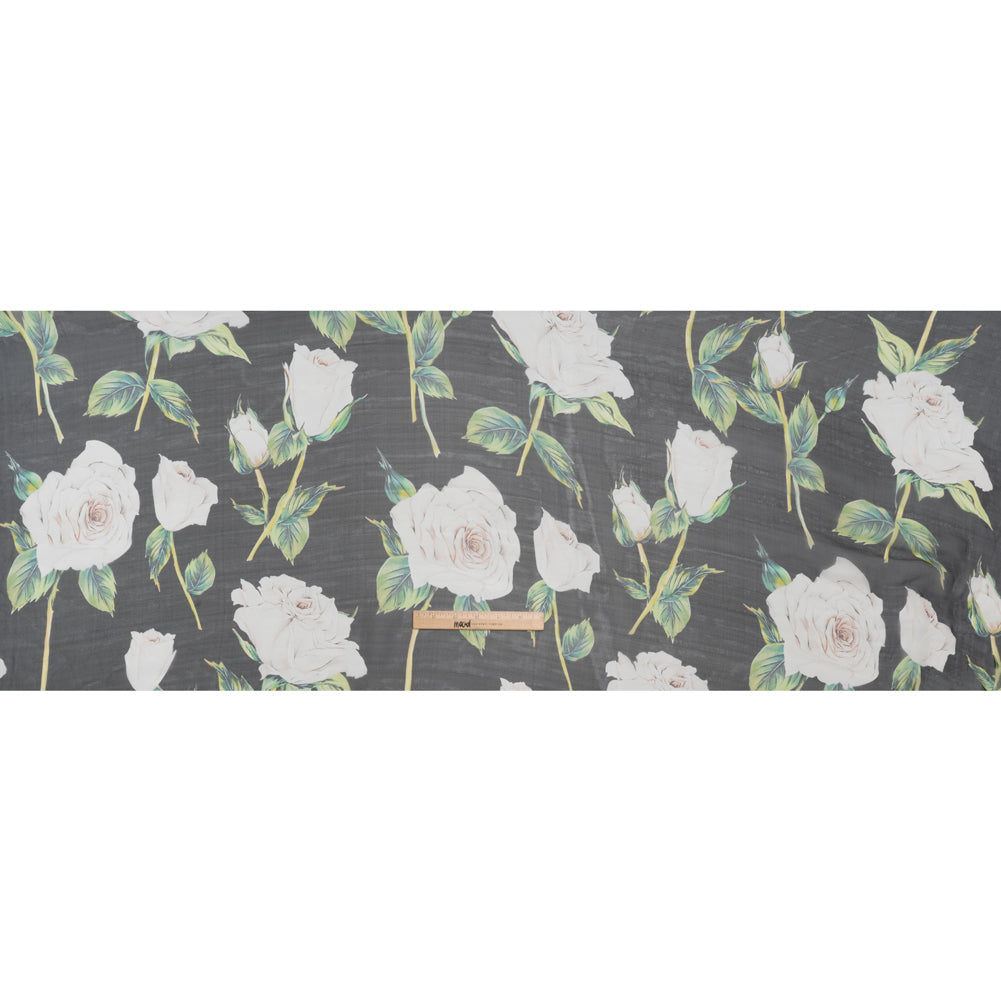 Silk Voile Print - Black, White and Green Roses - Deadstock