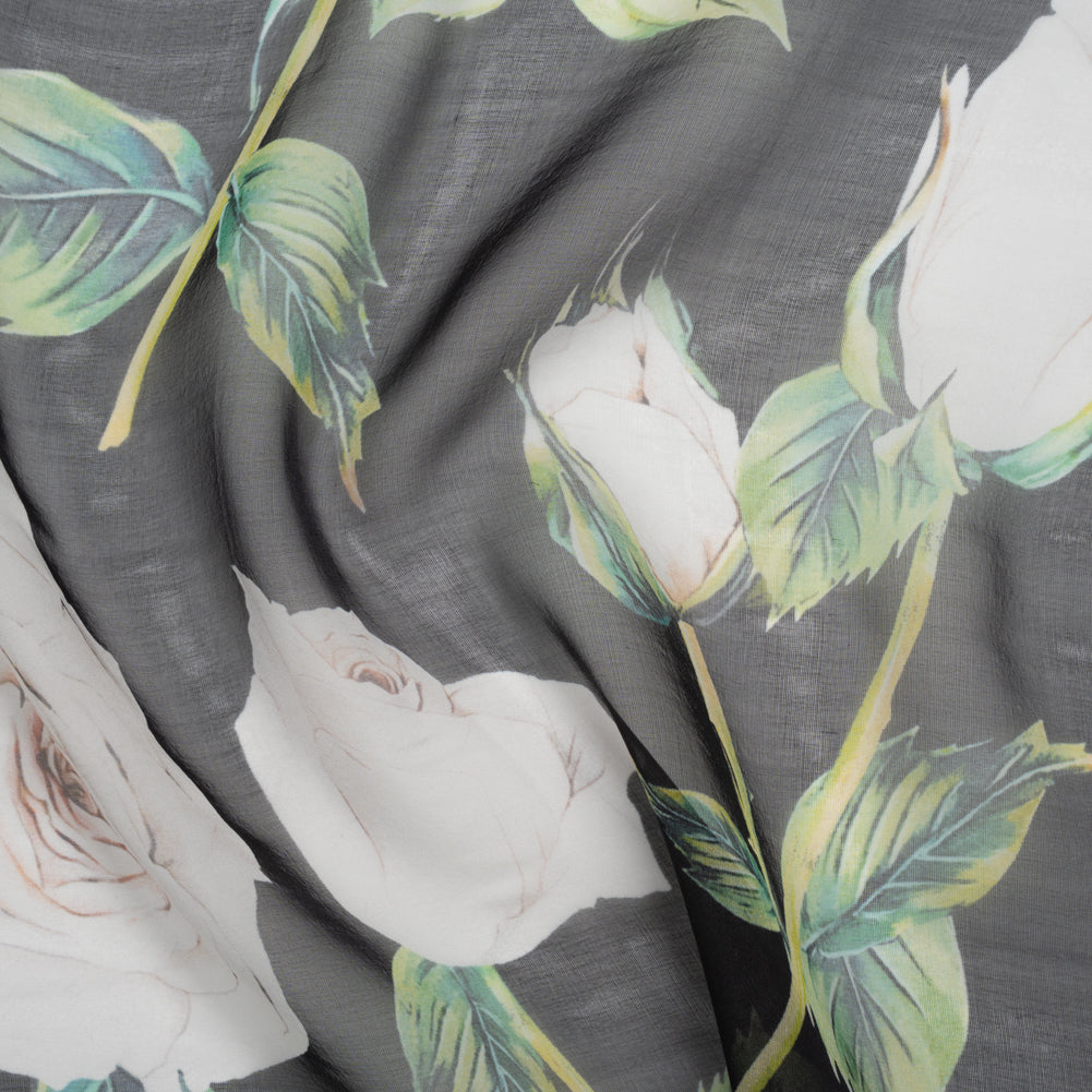 Silk Voile Print - Black, White and Green Roses - Deadstock
