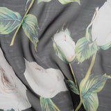 Silk Voile Print - Black, White and Green Roses - Deadstock