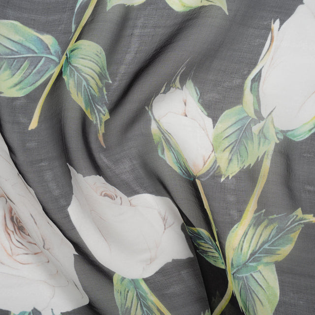 Silk Voile Print - Black, White and Green Roses - Deadstock