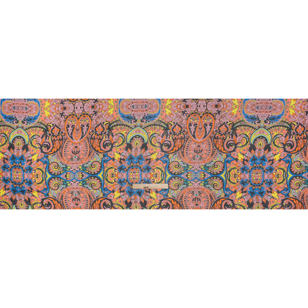 China Silk/Habotai Print - Orange, Pink and Blue Paisley Circus - Deadstock