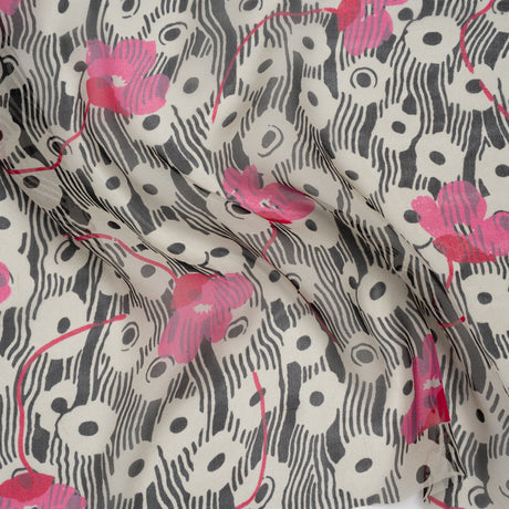Silk Voile Print - Pink, White and Black Flowers and Stripes - Deadstock