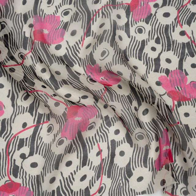 Silk Voile Print - Pink, White and Black Flowers and Stripes - Deadstock