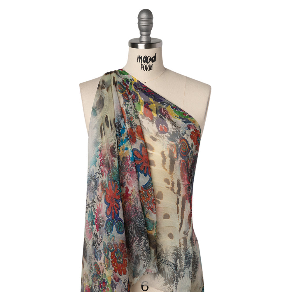 Crinkled Silk Chiffon Print - White, Pink and Yellow Floral - Deadstock