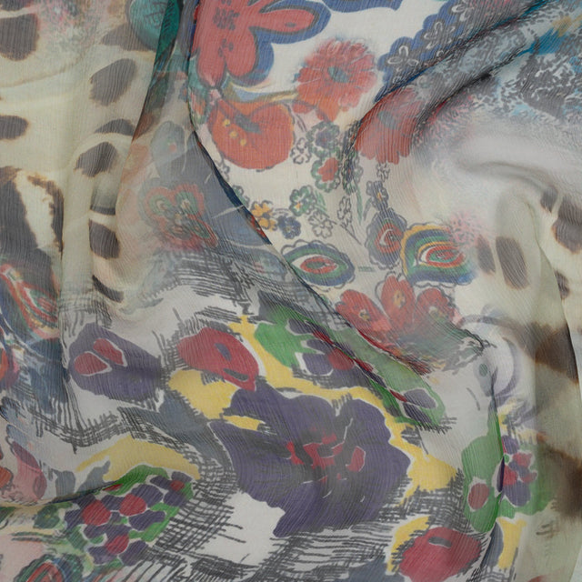 Crinkled Silk Chiffon Print - White, Pink and Yellow Floral - Deadstock