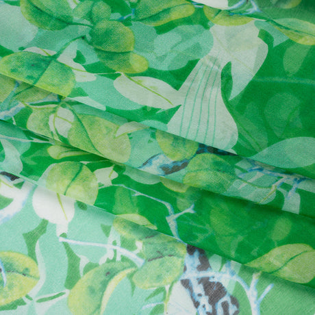 Silk Voile Print - Green and Blue Birds Among Leaves - Deadstock