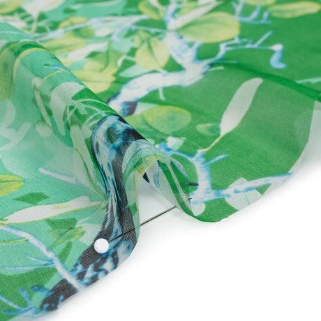 Silk Voile Print - Green and Blue Birds Among Leaves - Deadstock