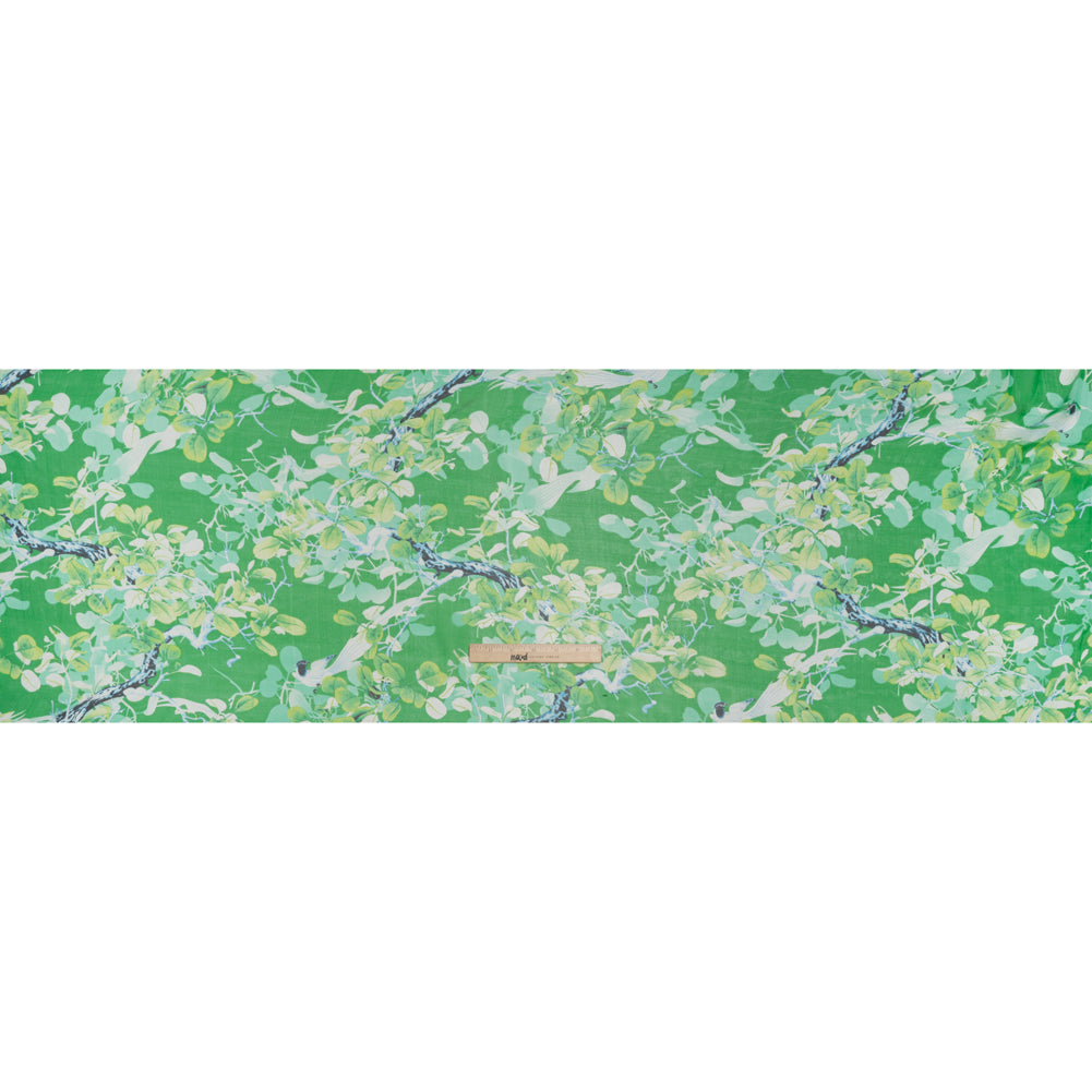 Silk Voile Print - Green and Blue Birds Among Leaves - Deadstock